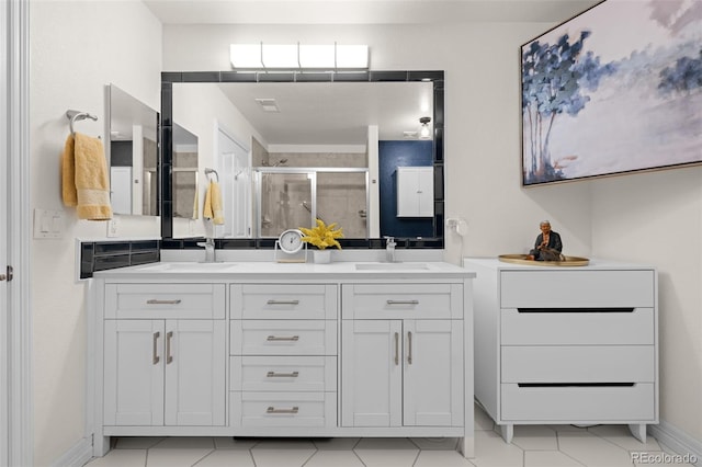 bathroom with double vanity, visible vents, a stall shower, and a sink