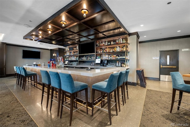 bar with crown molding, baseboards, a community bar, recessed lighting, and coffered ceiling