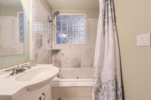 bathroom with vanity and shower / bath combination with curtain