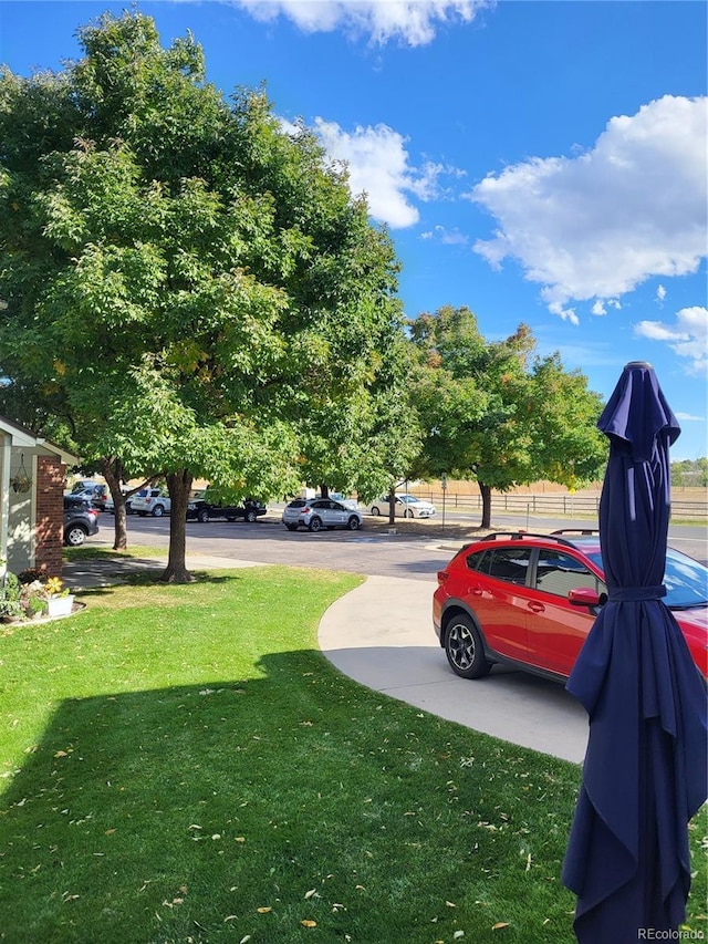 view of vehicle parking with a yard