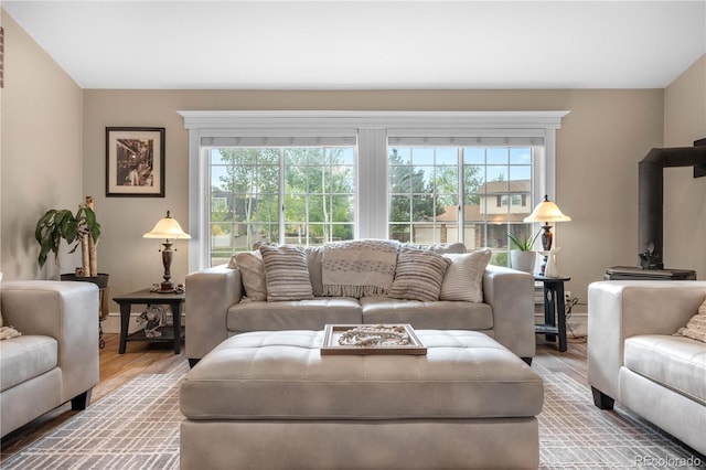 living area with a wood stove and wood finished floors