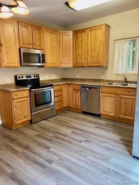 kitchen with stainless steel appliances, light hardwood / wood-style floors, and sink