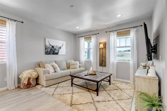 8049 Monte Vista Cir, Littleton, CO 80125 - living area featuring light wood-style floors, baseboards, and recessed lighting
