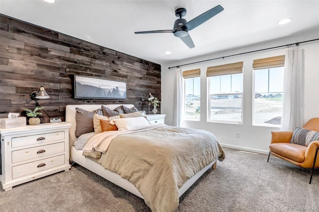 8049 Monte Vista Cir, Littleton, CO 80125 - bedroom with carpet flooring, wooden walls, recessed lighting, baseboards, and ceiling fan