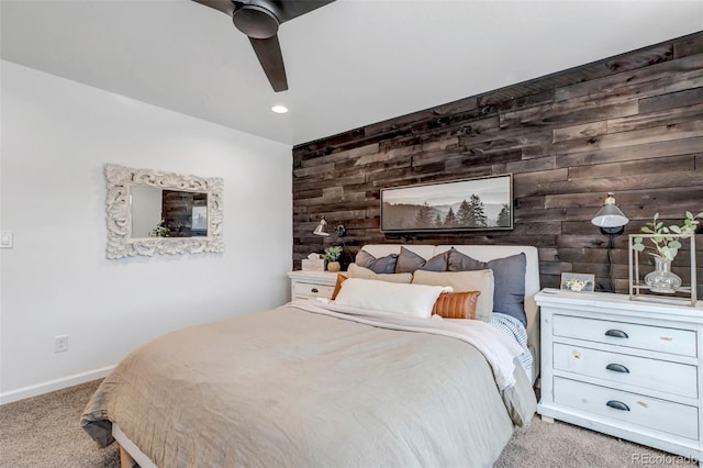 8049 Monte Vista Cir, Littleton, CO 80125 - bedroom featuring carpet flooring, wooden walls, baseboards, recessed lighting, and a ceiling fan