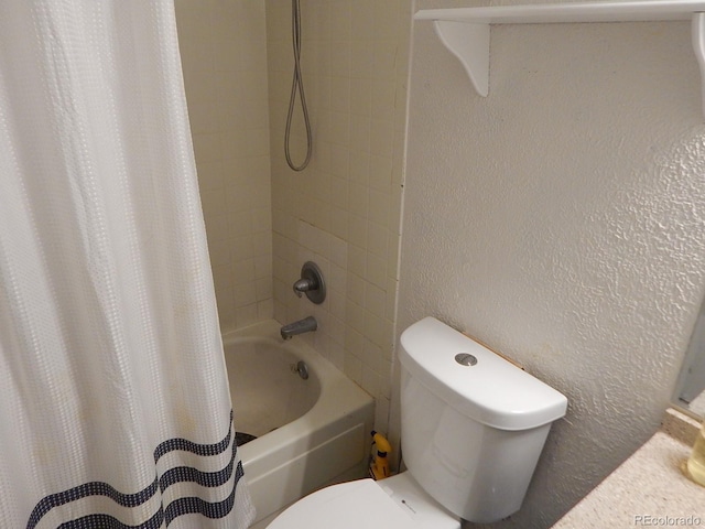 full bath featuring toilet, shower / bath combination with curtain, and a textured wall