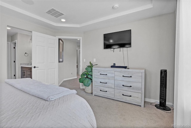 21900 E 46th Pl, Aurora, CO 80019 - bedroom with light carpet, a tray ceiling, baseboards, and recessed lighting