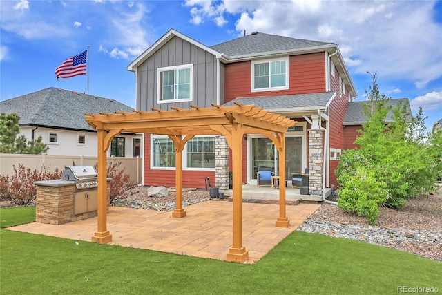 21900 E 46th Pl, Aurora, CO 80019 - rear view of house featuring a pergola, area for grilling, a patio, a shingled roof, and board and batten siding