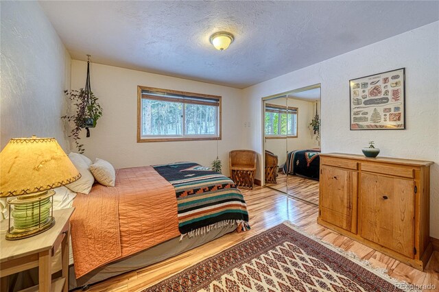 bedroom with a textured ceiling, light hardwood / wood-style flooring, and a closet