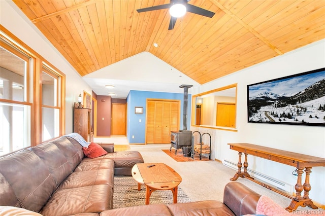 757 Thompson Park Rd, Fairplay, CO 80440 - carpeted living area with a wood stove, vaulted ceiling, wood ceiling, baseboards, and ceiling fan