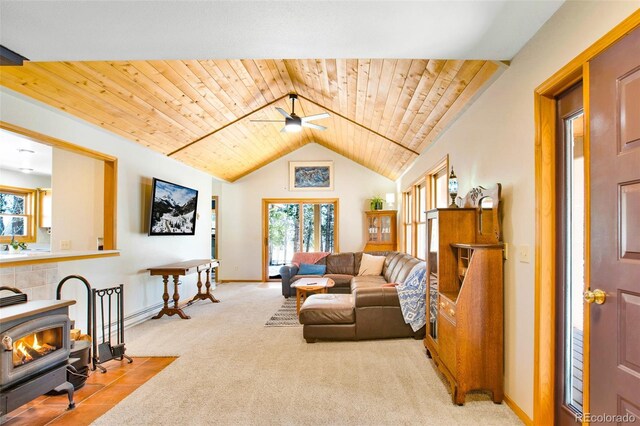 757 Thompson Park Rd, Fairplay, CO 80440 - living area with wooden ceiling, carpet flooring, ceiling fan, baseboards, and vaulted ceiling