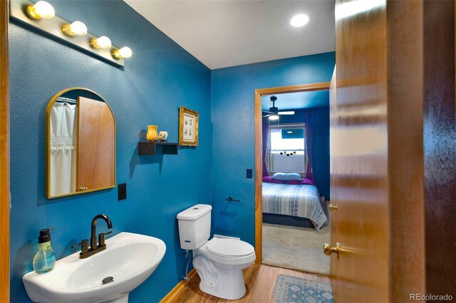 757 Thompson Park Rd, Fairplay, CO 80440 - bathroom with wood finished floors, toilet, ceiling fan, a sink, and connected bathroom
