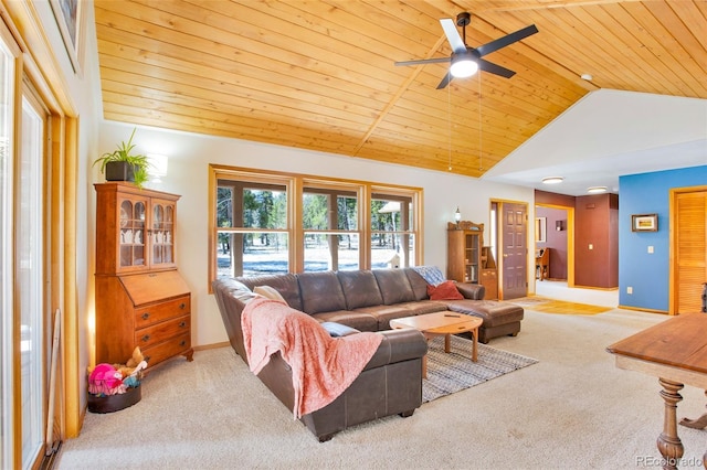 757 Thompson Park Rd, Fairplay, CO 80440 - living room featuring carpet floors, lofted ceiling, ceiling fan, wooden ceiling, and baseboards