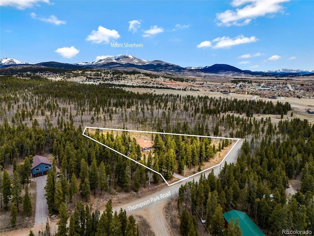 757 Thompson Park Rd, Fairplay, CO 80440 - aerial overview of property's location with a mountain backdrop, property parcel outlined, and a heavily wooded area