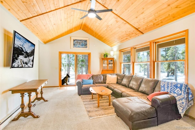 757 Thompson Park Rd, Fairplay, CO 80440 - living area featuring a baseboard heating unit, carpet flooring, healthy amount of natural light, wooden ceiling, and ceiling fan