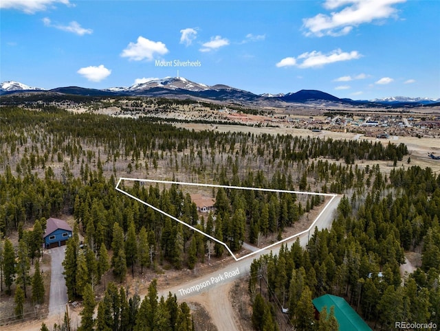 757 Thompson Park Rd, Fairplay, CO 80440 - aerial view of property and surrounding area with mountains, property boundaries highlighted, and a forest