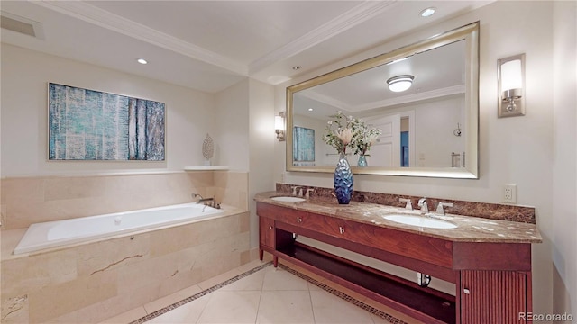 bathroom with tile patterned flooring, a relaxing tiled tub, crown molding, and vanity