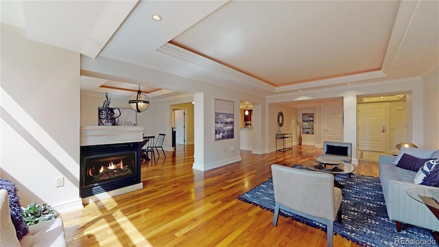 living room featuring a tray ceiling, crown molding, and hardwood / wood-style floors