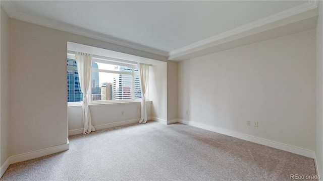 carpeted empty room featuring crown molding