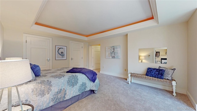 1891 Curtis St Unit 1613, Denver, CO 80202 - carpeted bedroom with a raised ceiling, baseboards, and ornamental molding