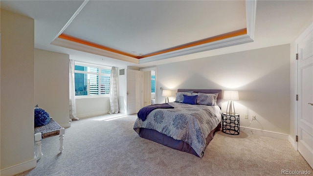 1891 Curtis St Unit 1613, Denver, CO 80202 - bedroom featuring a raised ceiling, carpet, baseboards, and ornamental molding