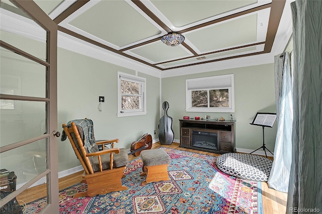 124 River Dr, Bailey, CO 80421 - sitting room with wood finished floors, baseboards, and coffered ceiling