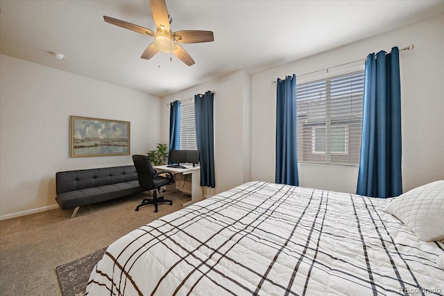 bedroom with ceiling fan and carpet flooring