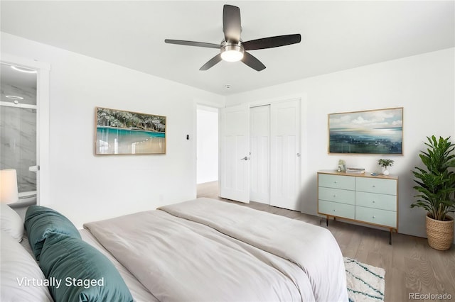 bedroom with ensuite bath, a closet, ceiling fan, and wood finished floors