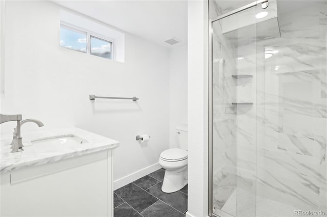 full bathroom with vanity, a marble finish shower, toilet, and baseboards