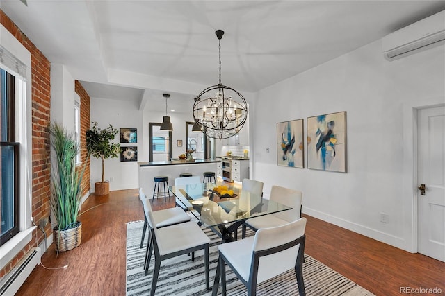 dining space with a notable chandelier, a wall unit AC, a baseboard radiator, and dark hardwood / wood-style floors