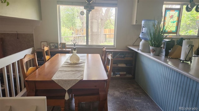 dining room featuring a wealth of natural light and stone finish floor