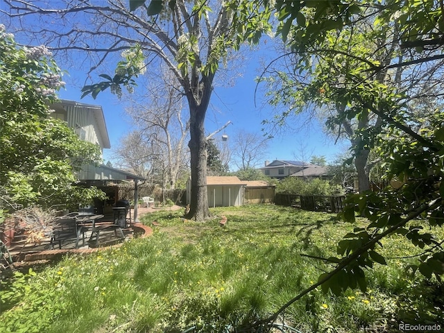 view of yard with fence, an outbuilding, and a patio area