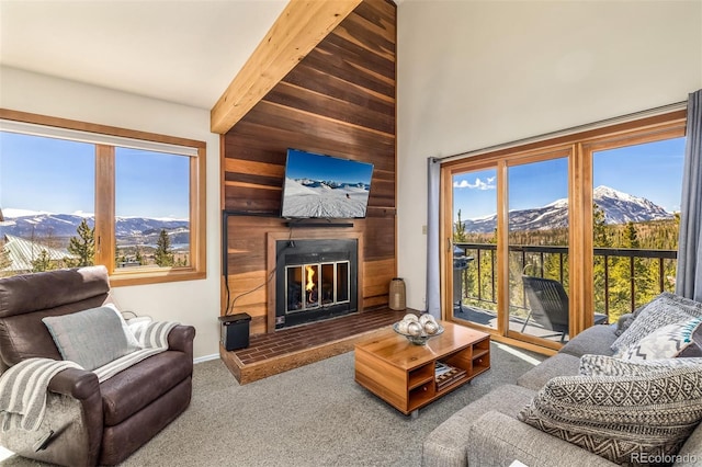 9430 Ryan Gulch Rd Unit 9450, Silverthorne, CO 80498 - carpeted living room featuring a glass covered fireplace, healthy amount of natural light, a towering ceiling, beam ceiling, and baseboards