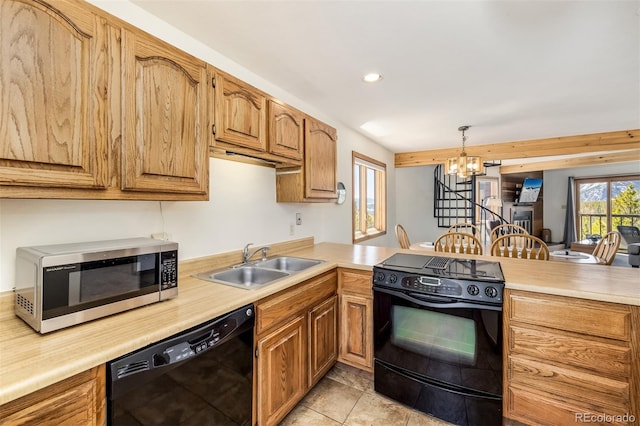 9430 Ryan Gulch Rd Unit 9450, Silverthorne, CO 80498 - kitchen with black appliances, a sink, a chandelier, light countertops, and recessed lighting
