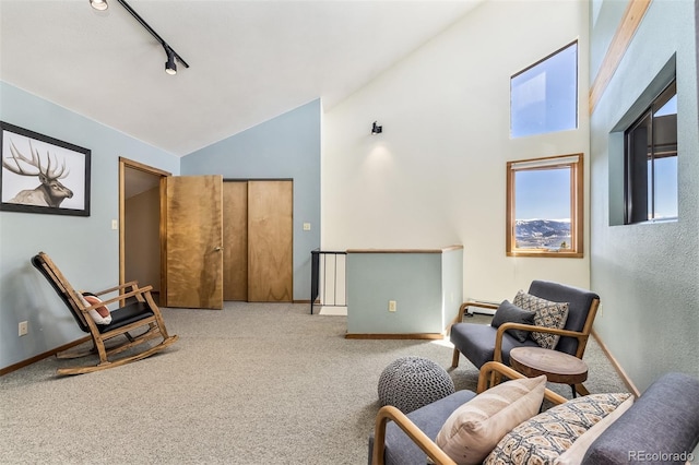 9430 Ryan Gulch Rd Unit 9450, Silverthorne, CO 80498 - sitting room featuring carpet floors, baseboards, an upstairs landing, high vaulted ceiling, and rail lighting
