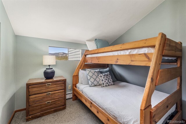9430 Ryan Gulch Rd Unit 9450, Silverthorne, CO 80498 - bedroom with carpet floors, a baseboard radiator, lofted ceiling, and baseboards