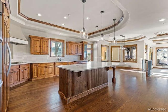 kitchen with pendant lighting, a breakfast bar area, a tray ceiling, and a kitchen island