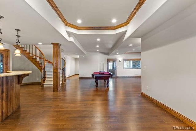 recreation room featuring ornate columns, ornamental molding, dark wood-type flooring, and pool table