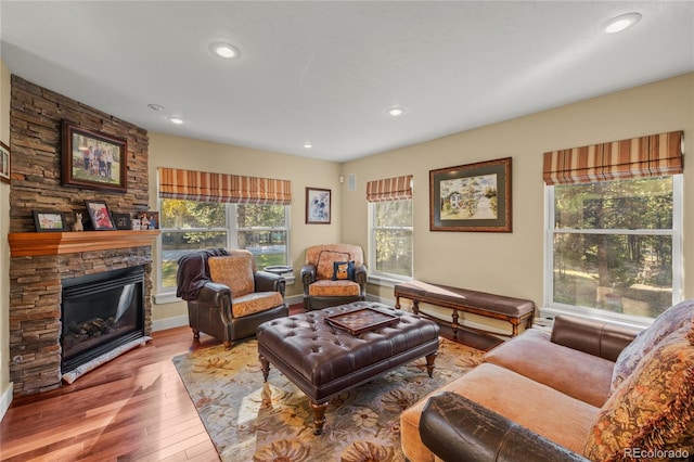 living room with hardwood / wood-style floors and a fireplace