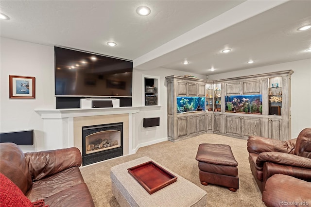 living room featuring light carpet