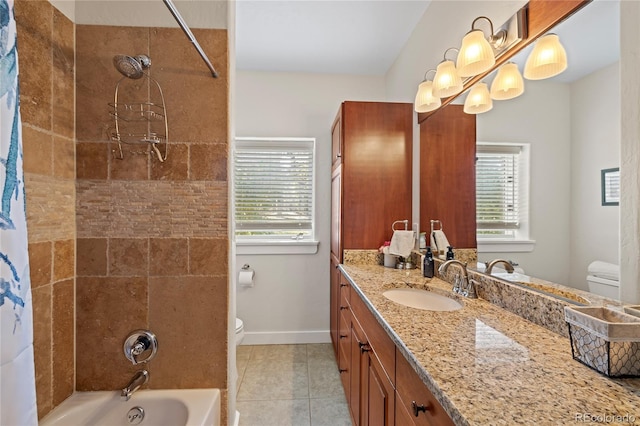 full bathroom featuring tile patterned flooring, plenty of natural light, toilet, and shower / tub combo with curtain