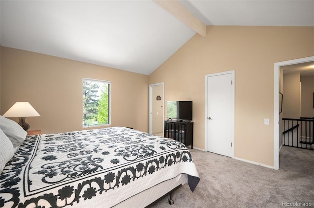 carpeted bedroom with beamed ceiling, baseboards, and high vaulted ceiling