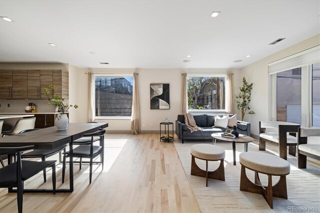 3615 Navajo St, Denver, CO 80211 - living room with light wood-style flooring, baseboards, and recessed lighting