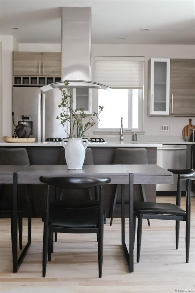 3615 Navajo St, Denver, CO 80211 - kitchen featuring stainless steel appliances, island exhaust hood, light wood-style flooring, glass insert cabinets, and light countertops
