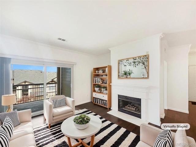 living room with dark hardwood / wood-style floors