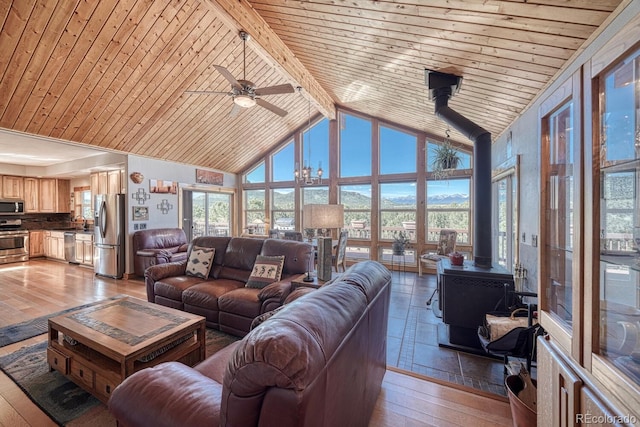 2680 Wild Bill Blvd, Westcliffe, CO 81252 - living room featuring a wood stove, ceiling fan, light wood-style flooring, high vaulted ceiling, and wood ceiling