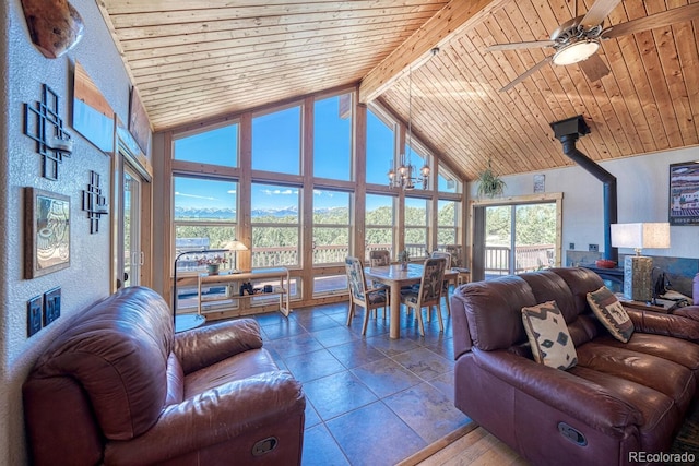 2680 Wild Bill Blvd, Westcliffe, CO 81252 - living room featuring high vaulted ceiling, ceiling fan, wood ceiling, and tile patterned floors