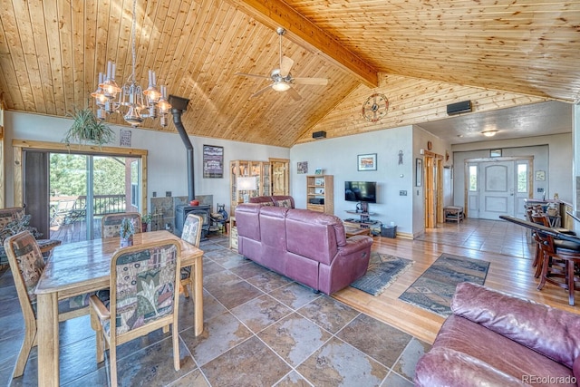 2680 Wild Bill Blvd, Westcliffe, CO 81252 - living area with a wood stove, healthy amount of natural light, a ceiling fan, wooden ceiling, and a chandelier