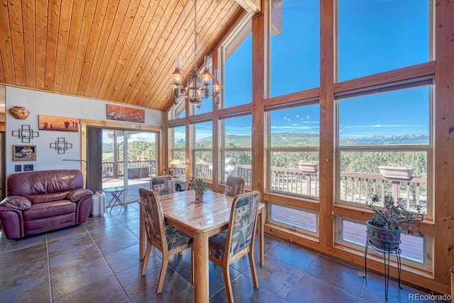2680 Wild Bill Blvd, Westcliffe, CO 81252 - dining space featuring lofted ceiling, a mountain view, stone tile flooring, wooden ceiling, and a chandelier