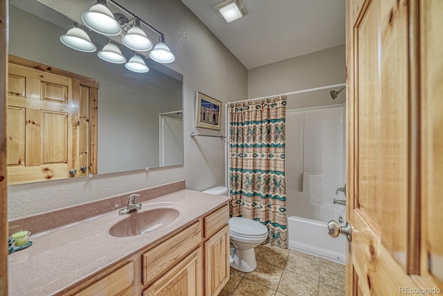 2680 Wild Bill Blvd, Westcliffe, CO 81252 - bathroom featuring vanity, shower / bathtub combination with curtain, a textured wall, and tile patterned flooring